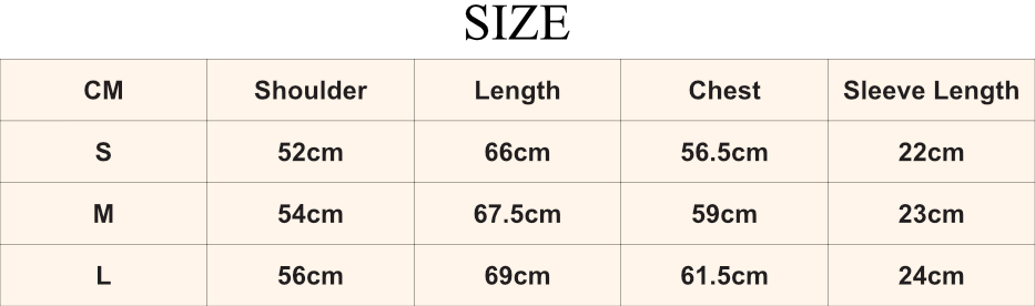 Size chart for clothing with measurements in centimeters